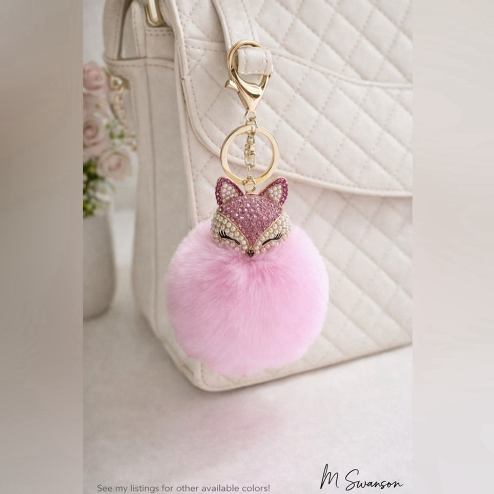 NEW Fluffy Fox Bag Charm Keychain - Light Pink - Pearl & Rhinestone Pom Pom NWT